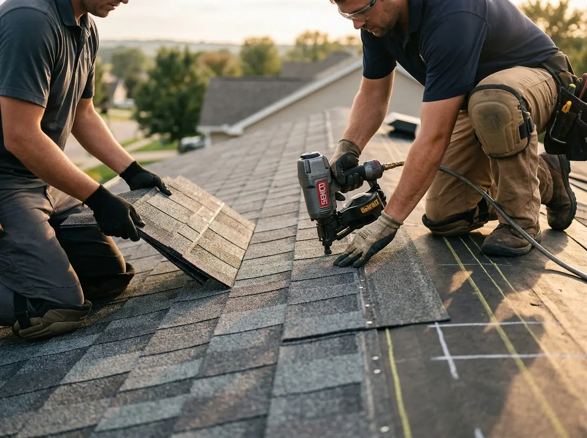 Professional roofer working on a residential roof in Del City